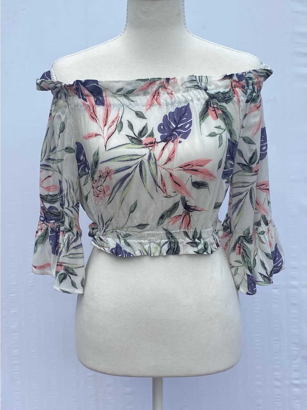 Divided White Off-Shoulder Floral Crop Top with Pink & Purple Leaves